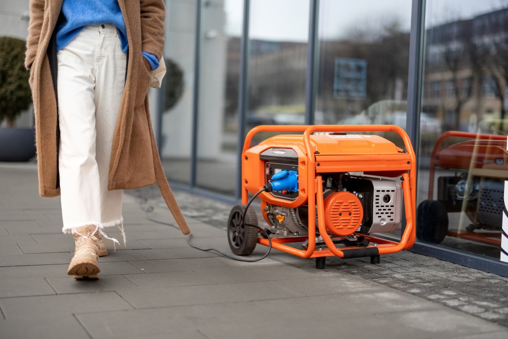 woman walks on a street with gasoline generator 2023 11 27 05 36 25 utc